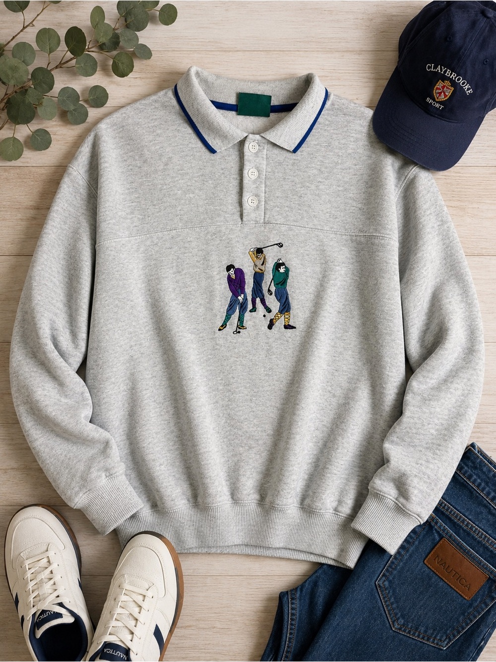 Vintage Claybrooke Sport Golf Embroidered Polo Sweatshirt Gray Size Large